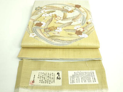 平和屋本店■極上　染織の名門　しょうざん  生紬　太鼓柄袋帯　スリーシーズン帯　駒刺繍　花丸文　金糸　証紙付き　逸品　DZAB0081kh5