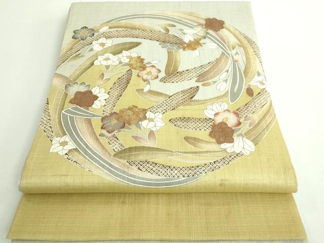 平和屋本店■極上　染織の名門　しょうざん  生紬　太鼓柄袋帯　スリーシーズン帯　駒刺繍　花丸文　金糸　証紙付き　逸品　DZAB0081kh5