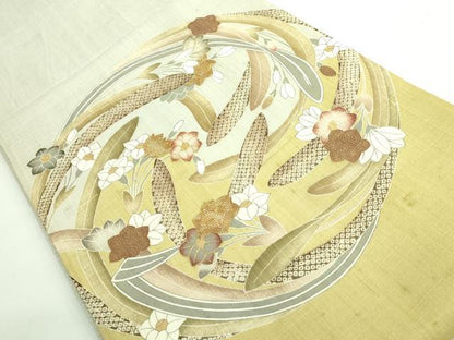 平和屋本店■極上　染織の名門　しょうざん  生紬　太鼓柄袋帯　スリーシーズン帯　駒刺繍　花丸文　金糸　証紙付き　逸品　DZAB0081kh5