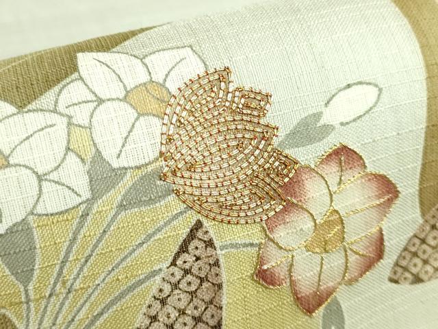 平和屋本店■極上　染織の名門　しょうざん  生紬　太鼓柄袋帯　スリーシーズン帯　駒刺繍　花丸文　金糸　証紙付き　逸品　DZAB0081kh5