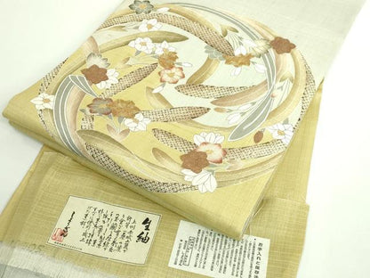 平和屋本店■極上　染織の名門　しょうざん  生紬　太鼓柄袋帯　スリーシーズン帯　駒刺繍　花丸文　金糸　証紙付き　逸品　DZAB0081kh5