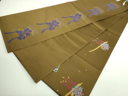 平和屋本店■極上　世界的人形師　辻村寿三郎　ジュサブロー　太鼓柄袋帯　花兎　薄い憲法黒茶色地　金銀糸　逸品　DZAB0082kh5