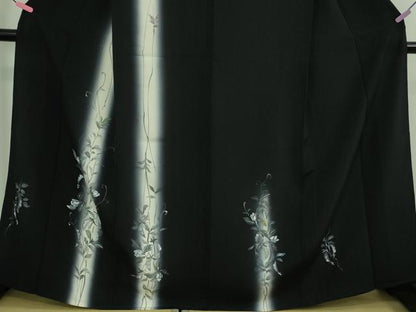 平和屋着物▽極上 訪問着 単衣 手描き 枝花文 暈し染め 黒地 逸品 DZAB0144kh5