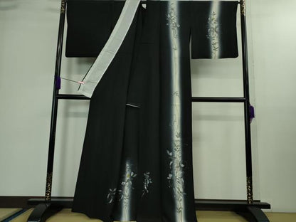 平和屋着物▽極上 訪問着 単衣 手描き 枝花文 暈し染め 黒地 逸品 DZAB0144kh5