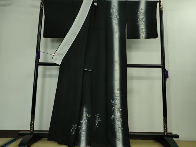 平和屋着物▽極上 訪問着 単衣 手描き 枝花文 暈し染め 黒地 逸品 DZAB0144kh5