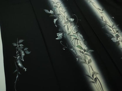 平和屋着物▽極上 訪問着 単衣 手描き 枝花文 暈し染め 黒地 逸品 DZAB0144kh5