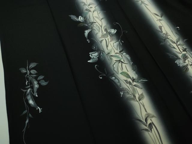 平和屋着物▽極上 訪問着 単衣 手描き 枝花文 暈し染め 黒地 逸品 DZAB0144kh5