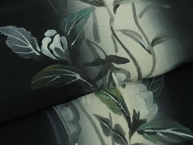 平和屋着物▽極上 訪問着 単衣 手描き 枝花文 暈し染め 黒地 逸品 DZAB0144kh5