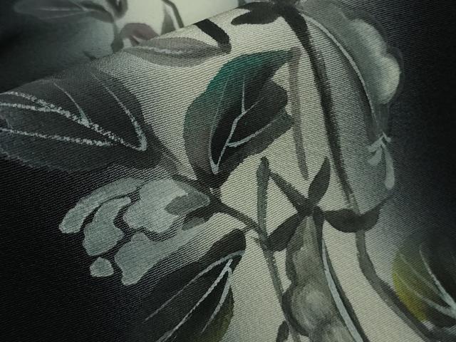 平和屋着物▽極上 訪問着 単衣 手描き 枝花文 暈し染め 黒地 逸品 DZAB0144kh5