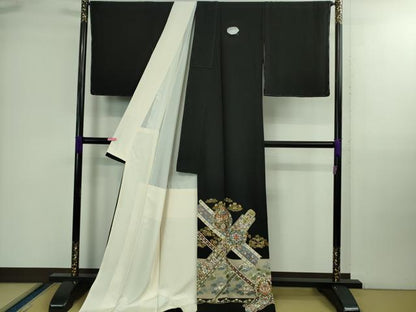 平和屋着物●極上 中国三大刺繍 蘇州刺繍 スワトウ刺繍 汕頭刺繍 黒留袖 ロング丈 正倉院草花文 金糸 逸品 未使用 DZAB0168kh5