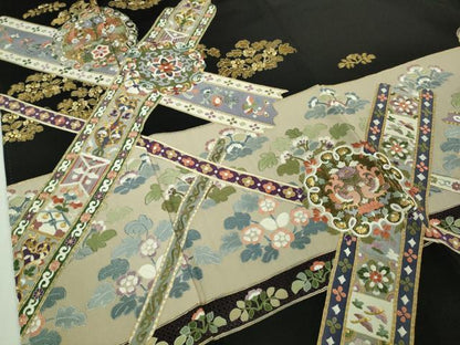 平和屋着物●極上 中国三大刺繍 蘇州刺繍 スワトウ刺繍 汕頭刺繍 黒留袖 ロング丈 正倉院草花文 金糸 逸品 未使用 DZAB0168kh5