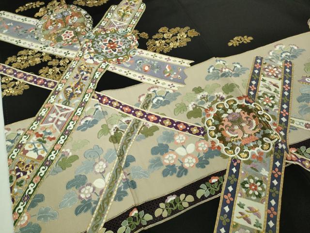 平和屋着物●極上 中国三大刺繍 蘇州刺繍 スワトウ刺繍 汕頭刺繍 黒留袖 ロング丈 正倉院草花文 金糸 逸品 未使用 DZAB0168kh5
