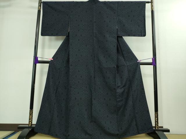 平和屋着物●極上 結城紬 100亀甲 亀甲繋ぎ 濃紺地 逸品 未使用 DZAB0173kh5