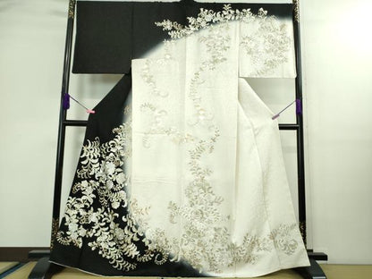 平和屋本店■極上　訪問着　総手刺繍　花唐草文　暈し染め　金銀糸　銀通し地　白×黒　逸品　DZAB0198kh5
