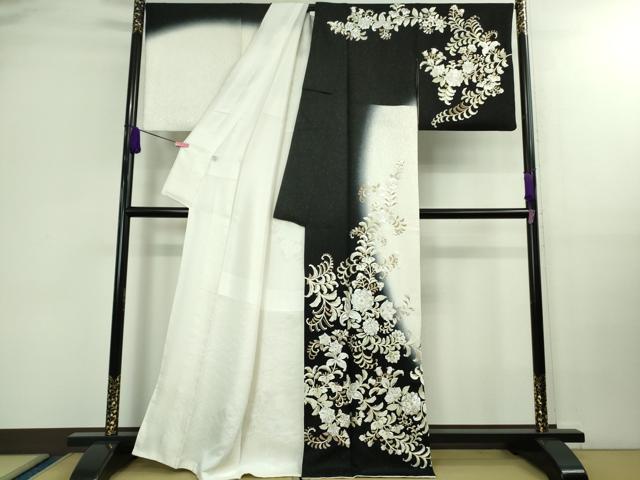 平和屋本店■極上　訪問着　総手刺繍　花唐草文　暈し染め　金銀糸　銀通し地　白×黒　逸品　DZAB0198kh5