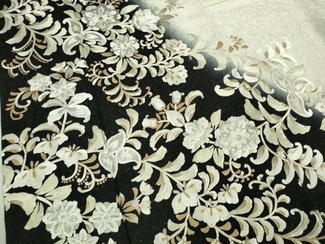 平和屋本店■極上　訪問着　総手刺繍　花唐草文　暈し染め　金銀糸　銀通し地　白×黒　逸品　DZAB0198kh5