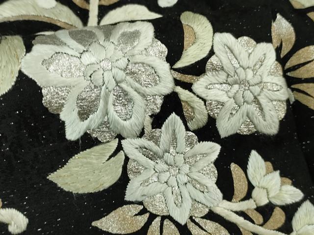 平和屋本店■極上　訪問着　総手刺繍　花唐草文　暈し染め　金銀糸　銀通し地　白×黒　逸品　DZAB0198kh5