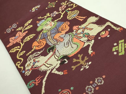 平和屋着物●最高級 龍村平蔵製 太鼓柄袋帯 人形手錦 黒鳶色地 金銀糸 逸品 DZAB0204kh5