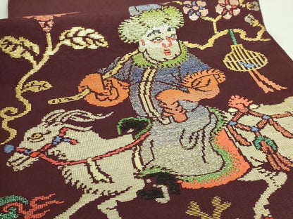 平和屋着物●最高級 龍村平蔵製 太鼓柄袋帯 人形手錦 黒鳶色地 金銀糸 逸品 DZAB0204kh5