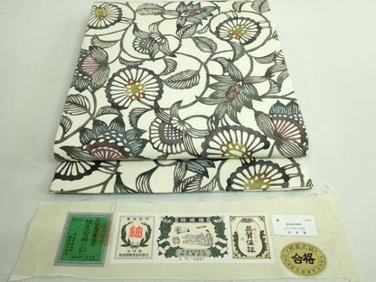 平和屋着物●極上 結城紬 六通柄袋帯 紅型染 更紗花文 白寿苑謹製 証紙付き 逸品 DZAB0216kh5