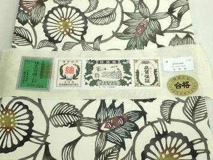 平和屋着物●極上 結城紬 六通柄袋帯 紅型染 更紗花文 白寿苑謹製 証紙付き 逸品 DZAB0216kh5