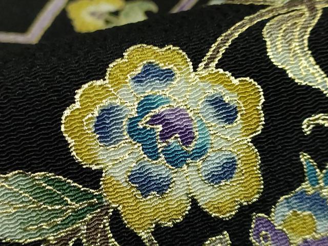 平和屋本店■極上　岡重謹製　OKAJIMA　九寸名古屋帯　更紗花文　黒地　金彩　鬼しぼ縮緬　逸品　DZAB0253kh5