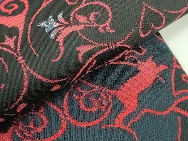 平和屋着物●極上 半幅帯 BANKAN わものや 猫 唐草 黒地 銀糸 逸品 DZAB0270kh5