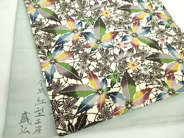 平和屋着物●極上 金城紅型染工房 金城盛弘 本場琉球紅型 太鼓柄袋帯 舞葉文 銀通し地 逸品 DZAB0289kh5