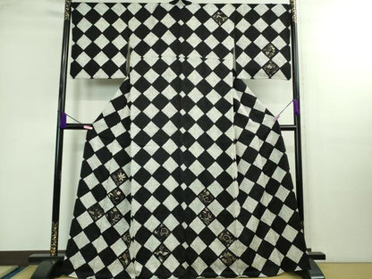 平和屋本店■極上　本疋田絞り　訪問着　草花　鹿の子菱市松　黒×白　金彩　逸品　DZAB0327kh5