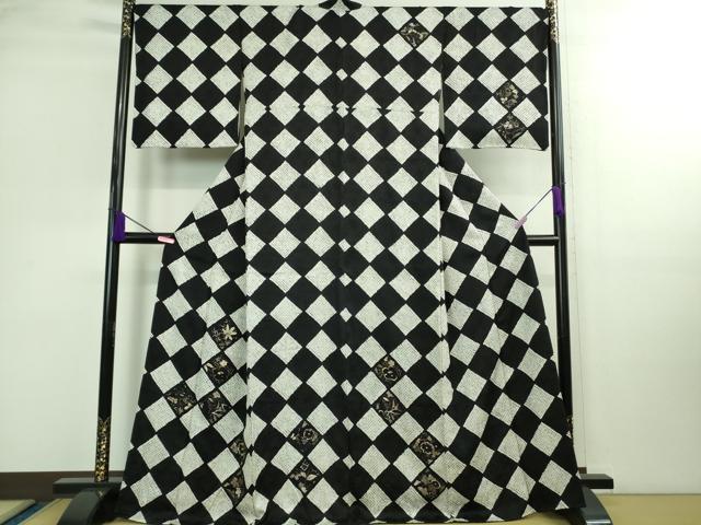 平和屋本店■極上　本疋田絞り　訪問着　草花　鹿の子菱市松　黒×白　金彩　逸品　DZAB0327kh5