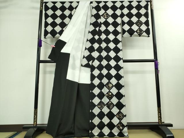 平和屋本店■極上　本疋田絞り　訪問着　草花　鹿の子菱市松　黒×白　金彩　逸品　DZAB0327kh5