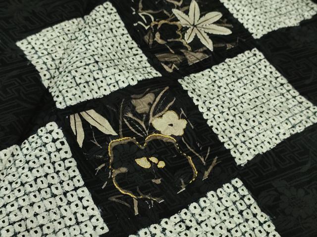 平和屋本店■極上　本疋田絞り　訪問着　草花　鹿の子菱市松　黒×白　金彩　逸品　DZAB0327kh5