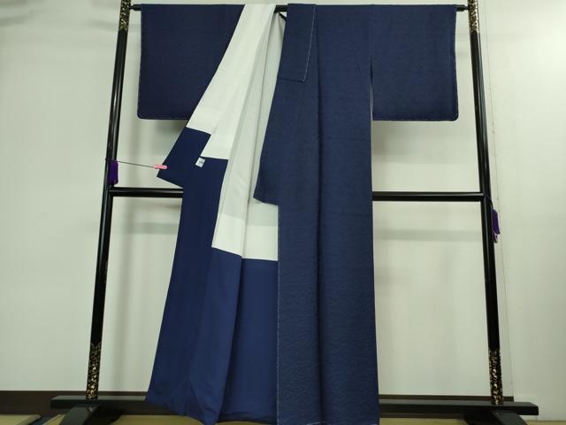 平和屋着物●極上 お召 本藍 鳳凰草花地紋 色無地 濃藍色 京都きもの友禅扱い 逸品 未使用 DZAB0340kh5