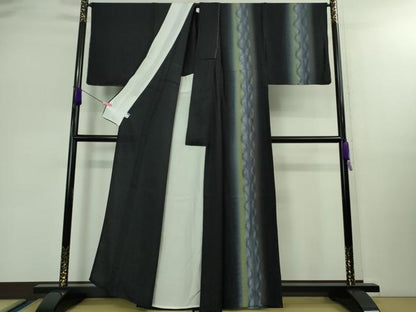 平和屋着物▽極上 訪問着 単衣 間道 草花地紋 暈し染め 濃紺地 反端付き 逸品 未使用 DZAB0360kh5