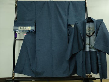 平和屋着物■極上　男性　山繭紬　アンサンブル　キングサイズ　長羽織　色無地　青藍色　猪俣謹製　証紙付き　逸品　DZAB0398kh5