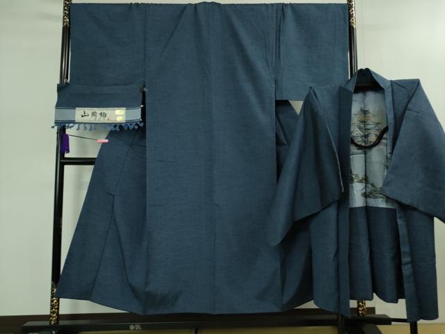 平和屋着物■極上　男性　山繭紬　アンサンブル　キングサイズ　長羽織　色無地　青藍色　猪俣謹製　証紙付き　逸品　DZAB0398kh5