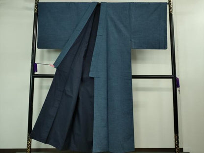 平和屋着物■極上　男性　山繭紬　アンサンブル　キングサイズ　長羽織　色無地　青藍色　猪俣謹製　証紙付き　逸品　DZAB0398kh5