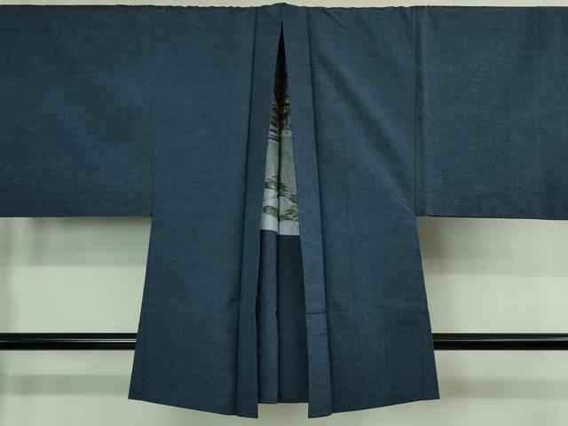 平和屋着物■極上　男性　山繭紬　アンサンブル　キングサイズ　長羽織　色無地　青藍色　猪俣謹製　証紙付き　逸品　DZAB0398kh5
