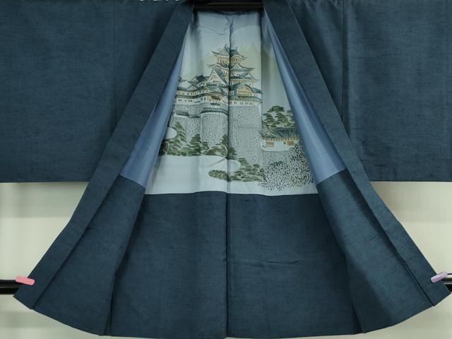 平和屋着物■極上　男性　山繭紬　アンサンブル　キングサイズ　長羽織　色無地　青藍色　猪俣謹製　証紙付き　逸品　DZAB0398kh5