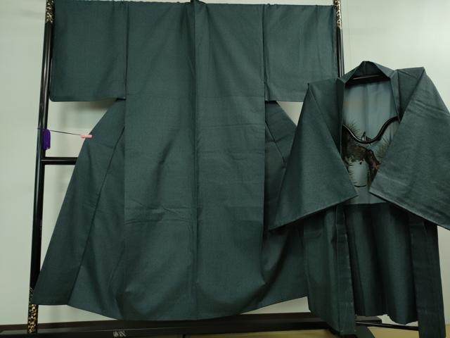 平和屋着物■極上 男性 紬 アンサンブル キングサイズ 長羽織 青藍色地 羽裏・松に雀 逸品 未使用 DZAB0401kh5