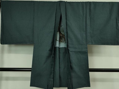 平和屋着物■極上 男性 紬 アンサンブル キングサイズ 長羽織 青藍色地 羽裏・松に雀 逸品 未使用 DZAB0401kh5