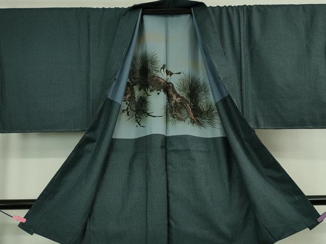 平和屋着物■極上 男性 紬 アンサンブル キングサイズ 長羽織 青藍色地 羽裏・松に雀 逸品 未使用 DZAB0401kh5