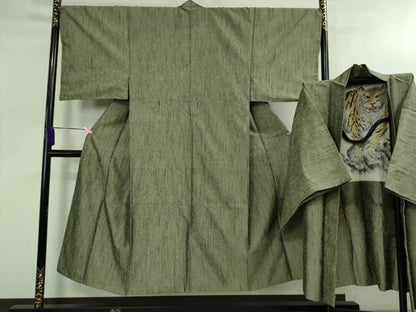 平和屋着物■極上　男性　髭紬　アンサンブル　長羽織　柳茶色地　羽裏・虎　逸品　DZAB0404kh5