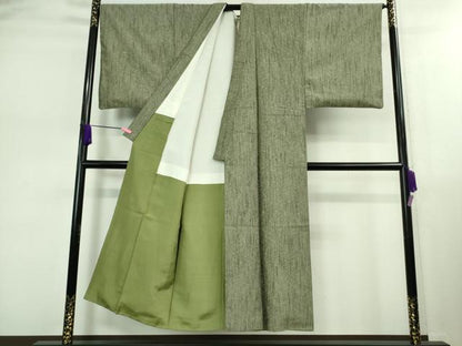 平和屋着物■極上　男性　髭紬　アンサンブル　長羽織　柳茶色地　羽裏・虎　逸品　DZAB0404kh5