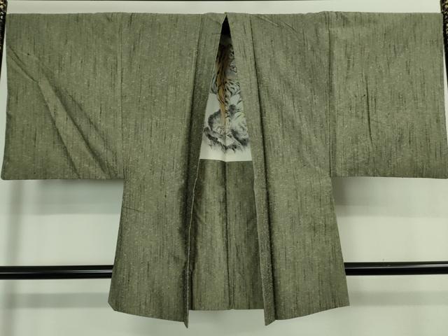 平和屋着物■極上　男性　髭紬　アンサンブル　長羽織　柳茶色地　羽裏・虎　逸品　DZAB0404kh5