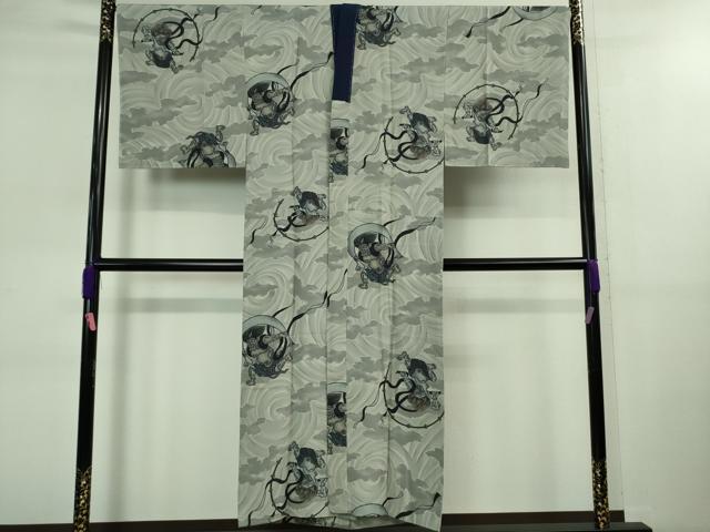 平和屋本店■極上 男性 本場大島紬 アンサンブル キングサイズ 長襦袢(風神雷神)・長羽織セット 窪田謹製 証紙付き 逸品 未使用DZAB0415kh5