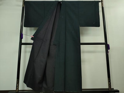 平和屋本店■極上　男性　紬　アンサンブル　長羽織　黒地　逸品　未使用　DZAB0419kh5