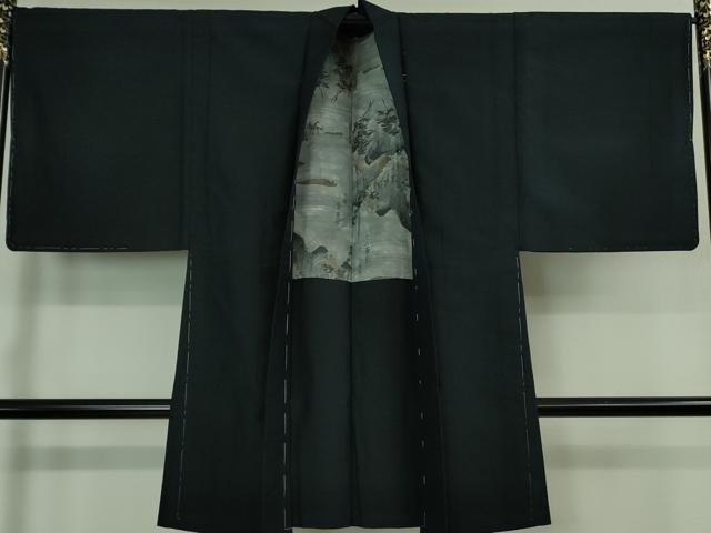 平和屋本店■極上　男性　紬　アンサンブル　長羽織　黒地　逸品　未使用　DZAB0419kh5