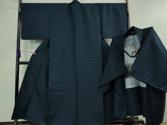 平和屋着物■極上 男性 紬 アンサンブル キングサイズ 長羽織 100亀甲 総詰め 濃藍色 羽裏・鷹 逸品 未使用 DZAB0434kh5
