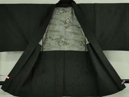 平和屋着物■極上 男性 紬 アンサンブル 長羽織 色無地 蝋色 羽織紐付き 逸品 DZAB0435kh5